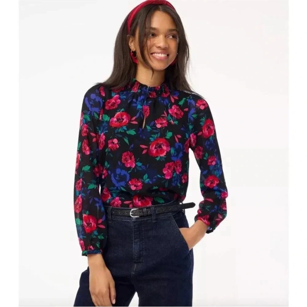 NWT J. Crew black floral smocked keyhole neck long sleeve top sz sm